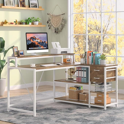 Reversible L-Shaped Computer Desk with hutch & Shelf,white - LeafyLoom