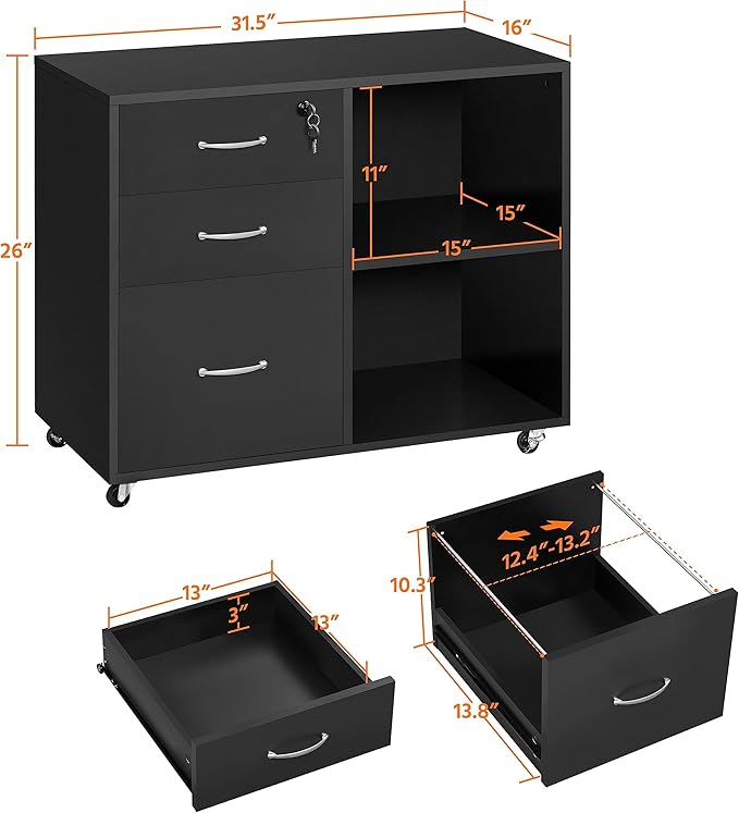 Yaheetech Black File Cabinet with Lock for Letter, A4 Size,3 Drawer Lateral Filing Cabinet Printer Stand with Open Storage Compartments,Mobile Filing Cabinet for Home Office, Black - LeafyLoom