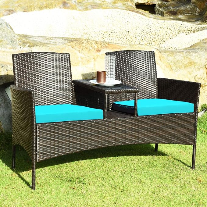 LUARANE Outdoor Rattan Sofas, Contract Patio Conversation Set Wicker Sofa Set with Built-in Coffee Table, Patio Furniture Set with Cushions, Rattan Loveseat for Lawn Backyard Garden (Brown+Blue) - LeafyLoom