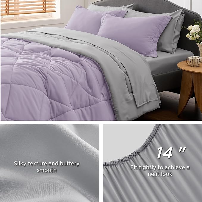 Bedsure Light Purple Twin Comforter Set - 5 Pieces Reversible Twin Bed in a Bag, Extra Long Twin Bed Set Light Purple and Grey with Comforters, Sheets, Pillowcase & Sham - LeafyLoom