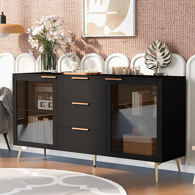 GIA Home Furniture Series Modern MDF Buffet Sideboard with 2 Doors,3 Drawers,Accent Storage Cabinets with Metal Handles for Kitchen,Dinning,Living Room, 63 Inch, Black Finish - LeafyLoom