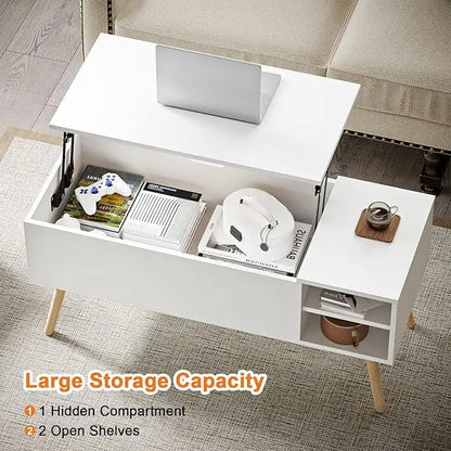 Coffee Table Lift Top - White Coffee Table with Lifting Top and Hide Compartment Storage - Lift Coffee Table Rectangle - Wood Coffee Tables for Living Room - LeafyLoom