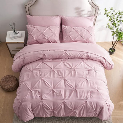 Ubauba 5pc Twin Comforter Set for Girls with Sheets, Blush Pintuck 5 Piece Bed in a Bag Set, Soft Pinched Pleat All Season Twin Size Bedding Sets (Pink,Twin) - LeafyLoom