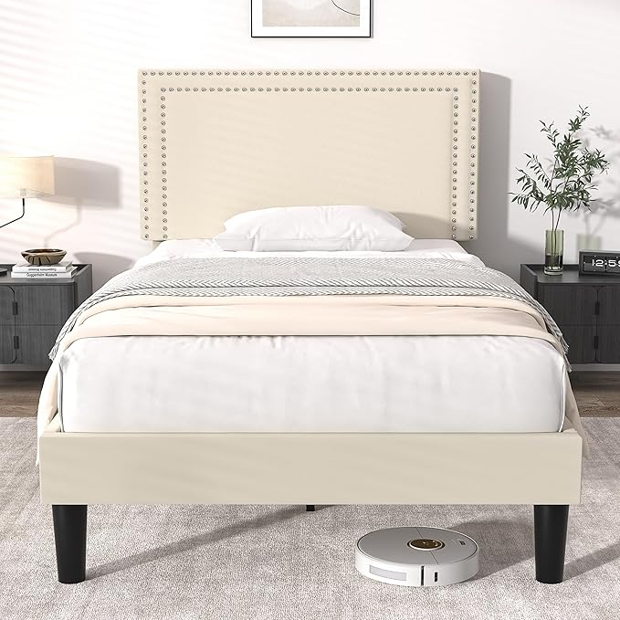 VECELO Twin Size Platform Bed Frame with Height Adjustable Upholstered Headboard, Modern Mattress Foundation,Strong Wood Slat Support, No Box Spring Needed, Easy Assembly - LeafyLoom