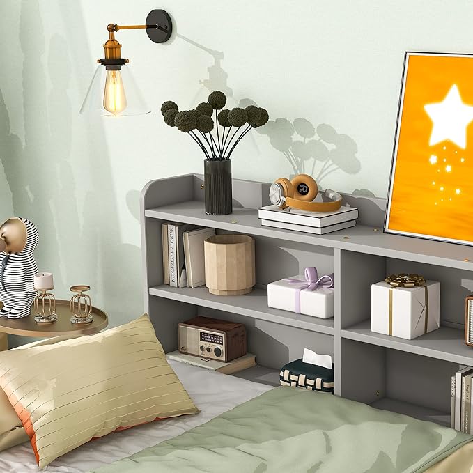 Twin Size Platform 2 Storage Drawers and Side Bookcase, Solid Wood Day Captain, Ideal Bed Frame for Bedroom, Living Room, Gray - LeafyLoom