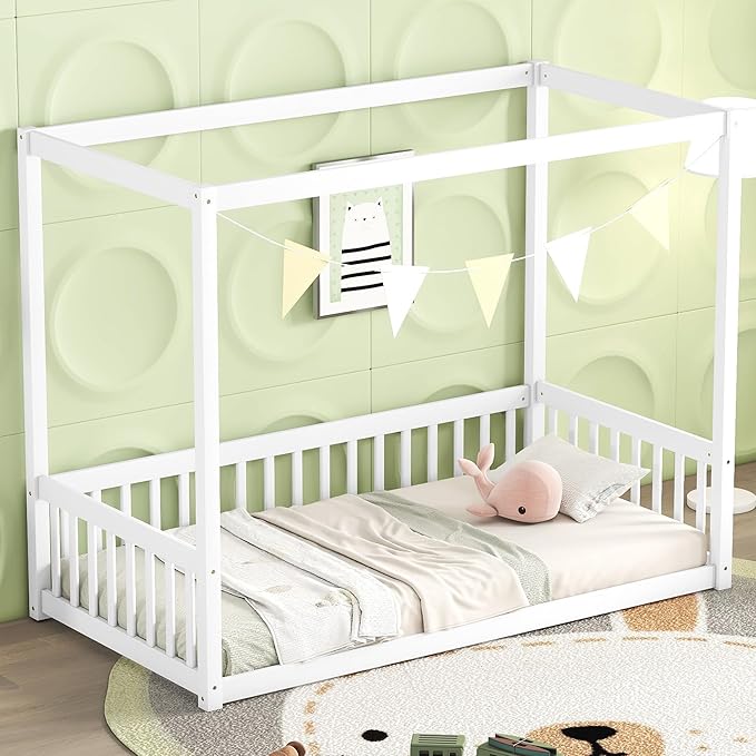 Twin Size Canopy Bed Frame with Guardrails for Kids,Floor Bed Twin with Four Poster Design,Kids Montessori Floor Bed,Wood Canopy Bed Frame for Girls,Boys(Twin,White) - LeafyLoom