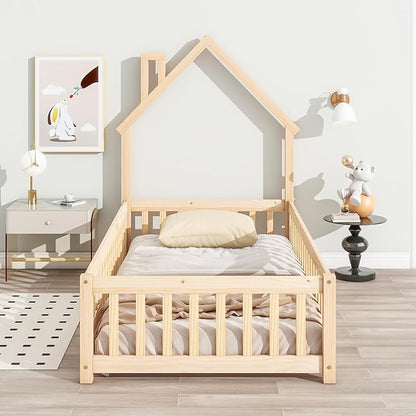 Twin Size Kids Montessori Floor Bed,House-Shaped Headboard Floor Bed for Kids,Floor Bed with Fence and Door,House Bed Twin Frame for Girls,Boys(Twin,Natural) - LeafyLoom