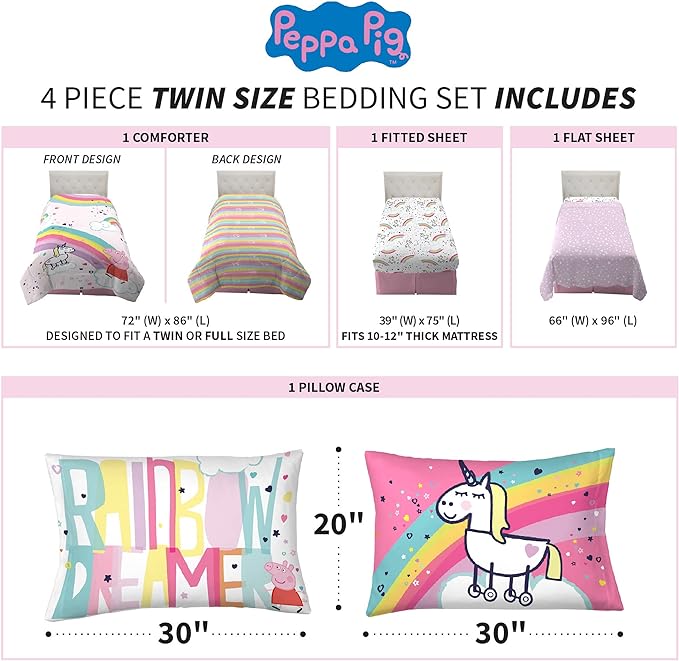 Franco Kids Bedding Super Soft Comforter and Sheet Set, 4 Piece Twin Size, Peppa Pig - LeafyLoom