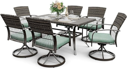 Pamapic 7 Piece Outdoor Dining Set, Rattan Outdoor Patio Furniture Set for Deck Backyard Garden with Iron Outdoor Dining Table, 6 Swivel Outdoor Dining Chairs and Removable Cushions (Green) - LeafyLoom