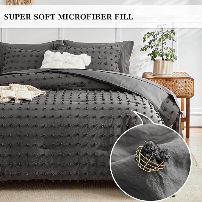 7 Pieces Tufted Dots Bed in a Bag King Comforter Set with Sheets Grey , Soft and Embroidery Shabby Chic Boho Comforters, Solid Color with Pom Pom Design, Jacquard Tufts Bedding Set for All Season - LeafyLoom