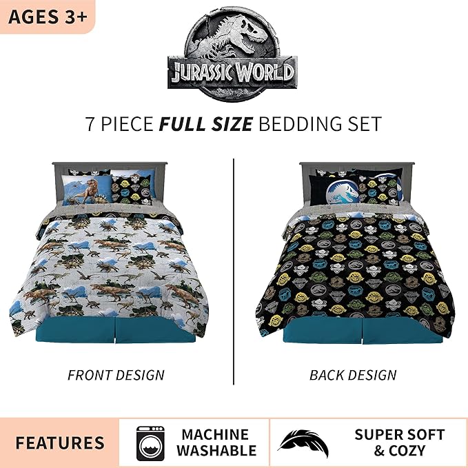 Franco Kids Bedding Super Soft Comforter and Sheet Set with Sham, 7 Piece Full Size, Jurassic World - LeafyLoom