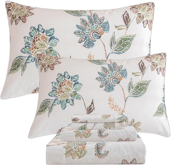 QSH Floral Bed Sheets King Size - 100% Egyptian Cotton Floral Bedding Sheets Botanical Leaves Flower Pattern Printed Bedding King Size Bed Sheets 17.5" Extra Deep Pocket 4pcs - LeafyLoom