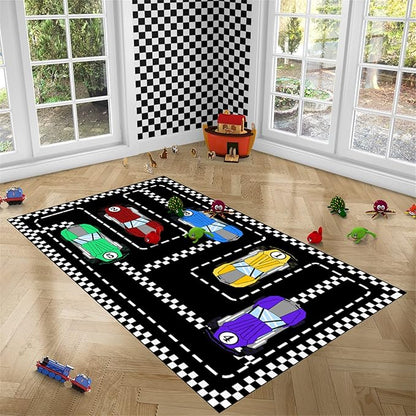 Car Rug Race Car Rug Car Track Rugs for Boys Race Track Carpet Race Car Track Rug Car Rug for Boys Room Car Rug Play Mat Car Carpet for Kids Rugs for Boys Bedroom,Black 4'5''×6' - LeafyLoom