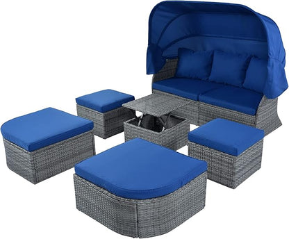 Rectangle Furniture Daybed Sunbed with Retractable Canopy, Outdoor Wicker Conversation Set with Cushions for Patio, Backyard, Porch, Garden, Bc-Blue + Rattan - LeafyLoom