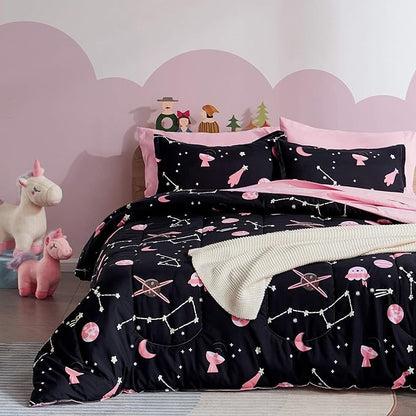 SLEEP ZONE Kids Bedding Comforter Set Full/Queen Size - Super Cute & Soft Kids Bedding 7 Pieces Set with Comforter, Sheet, Pillowcase & Sham (Pink Galaxy) - LeafyLoom