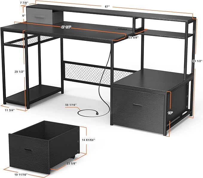 Home Office Desks with Drawers, 66‘’ Computer Desk with Storage, Office Desk with Monitor Stand, Work Desk with Outlets and USB, Gaming Table Desk with File Cabinet for Home Office Table, Black - LeafyLoom