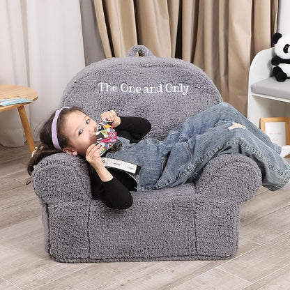 Personalized Kids Chair, High Back Toddler Sherpa Chair, Customize with Name, Grey - LeafyLoom