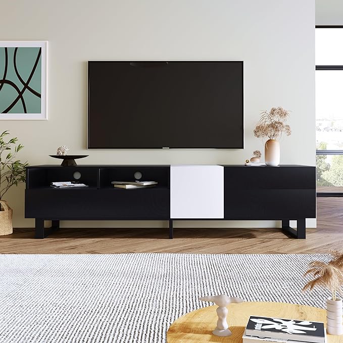 Inch Modern Stand with Double Storage, Drop Down Doors, Cable Management-Media Console Table, Entertainment Center for Living Room, Bedroom, Support 80" TV, Black - LeafyLoom