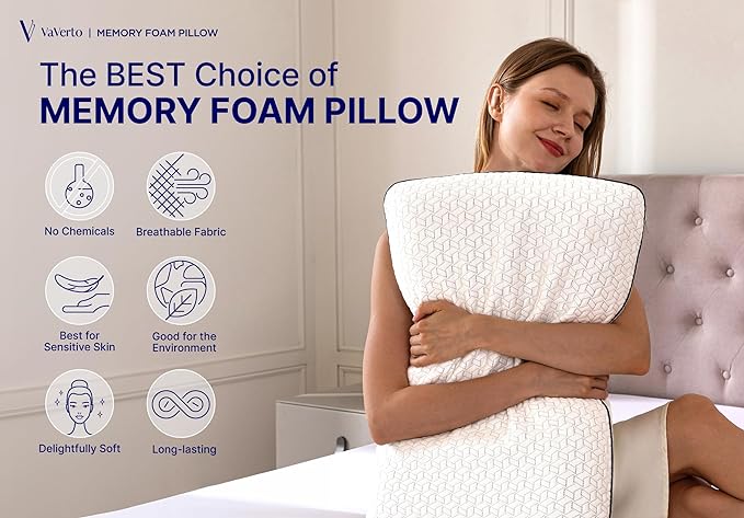 Gel Memory Foam Pillow -Standard Size - Ventilated, Premium Bed Pillows with Viscose Made from Bamboo Pillow Cover, Cooling, Contoured Support, Orthopedic Sleeping - LeafyLoom