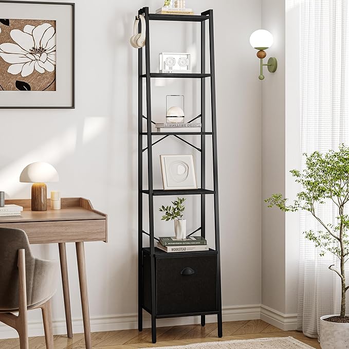 Narrow Bookshelf Bookcase with Drawer, Ladder Shelf with 2 Hooks, Bookshelves Storage Organizer, Freestanding Display Standing for Home Office, Bedroom, 6 Tier Black BC19604B - LeafyLoom