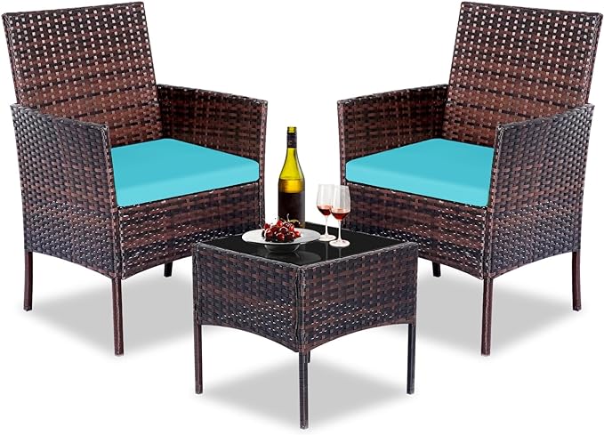 Patio Furniture Set 3 Pieces All-Weather Rattan Outdoor Furniture Patio Chairs with Tempered Glass Table for Porch Bistro Balcony Bistro Set(Brown/Blue) - LeafyLoom