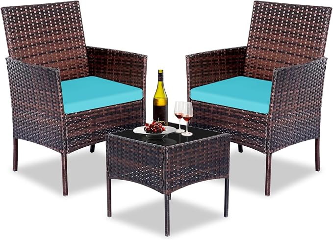 Patio Furniture Set 3 Pieces All-Weather Rattan Outdoor Furniture Patio Chairs with Tempered Glass Table for Porch Bistro Balcony Bistro Set(Brown/Blue) - LeafyLoom