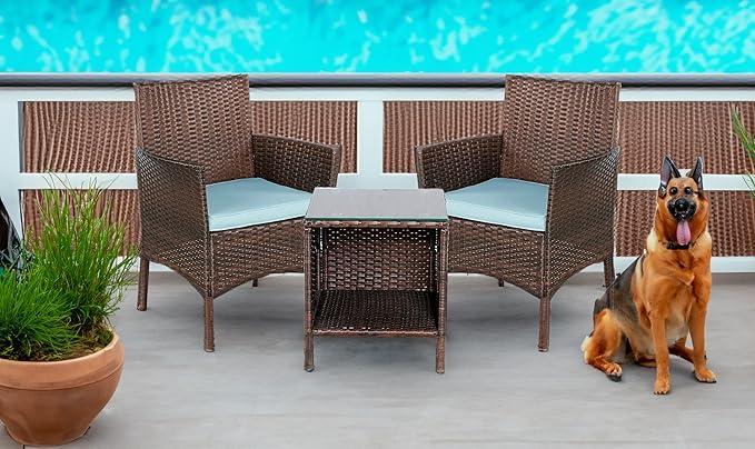 BTEXPERT Space Saving Outdoor Wicker Conversation 3 Piece Bistro Set Garden Patio Yard Porch Furniture Pe Rattan Two Chairs Cushions Side Storage Table Brown/Aqua Blue, OneSize - LeafyLoom