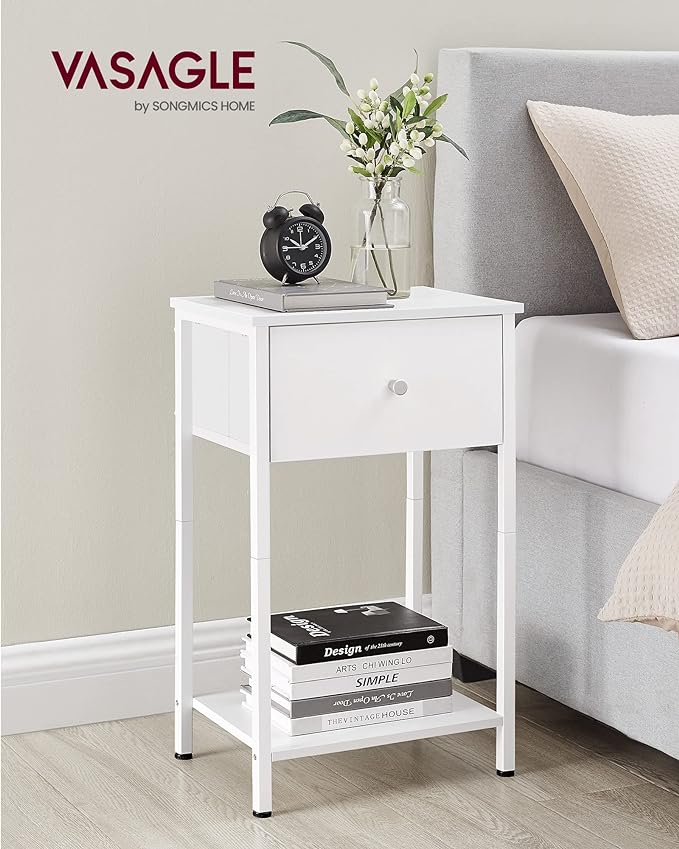 VASAGLE Nightstands, Set of 2 Side Tables with Fabric Drawer, 24-Inch Tall End Tables with Storage Shelf, Bedroom, White ULGS221W14 - LeafyLoom