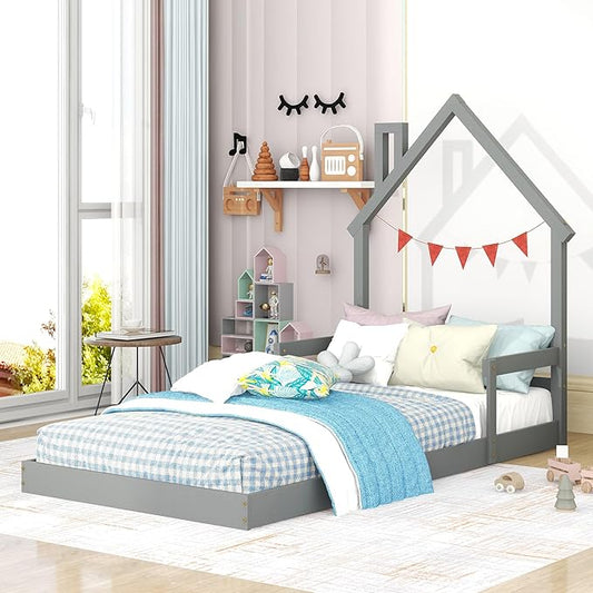 Bellemave Twin Size House-Shaped Headboard Floor Bed for Kids,Montessori Floor Bed with Handrails and Slats,Wood House Bed Twin for Girls,Boys(Twin,Grey) - LeafyLoom