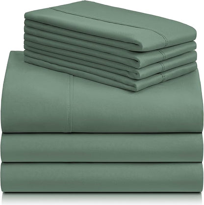 LuxClub 7 PC Split King Sheet Set, Breathable Luxury Bed Sheets, Deep Pockets 18" Eco Friendly Wrinkle Free Cooling Sheets Machine Washable Hotel Bedding Silky Soft - Tree Moss Green Split King - LeafyLoom