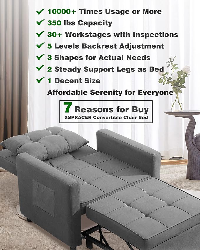 XSPRACER [UPDATED] Convertible Chair Bed, Sleeper Chair Bed 3 in 1, Stepless Adjustable Backrest, Armchair, Sofa, Bed, Fleece, Dark Gray, Single One - LeafyLoom