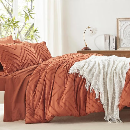 Anluoer Full Comforter Set, Burnt Orange Tufted Bed in a Bag 7 Pieces with comforters and sheets, All Season Bedding Sets with 1 Comforter, 2 PillowShams, 2 Pillowcases, 1 Flat Sheet, 1 Fitted Sheet - LeafyLoom