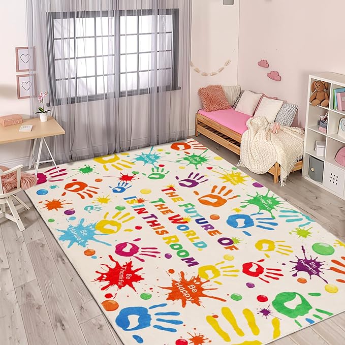 Colorful Kids Rug, Washable Rug for Kids, Handprints Area Rugs for Kids Bedroom, Non-Slip Play Mat Ultra Soft Thick Indoor Plush Rugs for Playroom Classroom Nursery Decor (78.7 X 59 INCH) - LeafyLoom