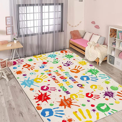 Colorful Kids Rug, Washable Rug for Kids, Handprints Area Rugs for Kids Bedroom, Non-Slip Play Mat Ultra Soft Thick Indoor Plush Rugs for Playroom Classroom Nursery Decor (78.7 X 59 INCH) - LeafyLoom