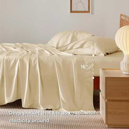 Bedsure Full Size Sheets, Cooling Sheets Full, Rayon Derived from Bamboo, Deep Pocket Up to 16", Breathable & Soft Bed Sheets, Hotel Luxury Silky Bedding Sheets & Pillowcases, Alabaster Gleam - LeafyLoom