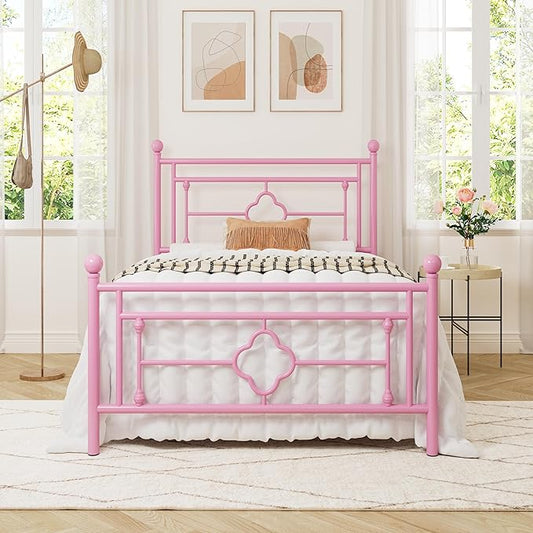 Allewie Twin Size Metal Platform Bed Frame with Victorian Vintage Headboard and Footboard/Mattress Foundation/Under Bed Storage/No Box Spring Needed/Noise-Free/Easy Assembly, Pink - LeafyLoom