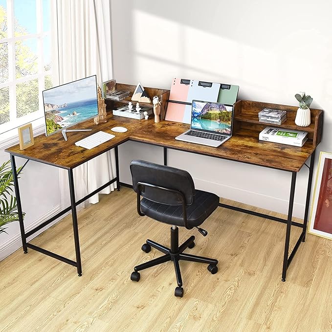 LUARANE 65.5 Inches L-Shaped Desk, Industrial Computer Desk with Hutch File Rack, Space Saving Corner Desk with Metal Frame, Computer Workstation for Home Office (Coffee) - LeafyLoom