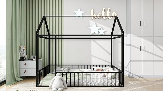 RITSU Twin Size Montessori Floor Bed, Metal House Bedframe with Fence, Robust Construction is Used, for Children'S Rooms, Boys Girls, No Box Spring Needed, Easy Assembly, Black - LeafyLoom