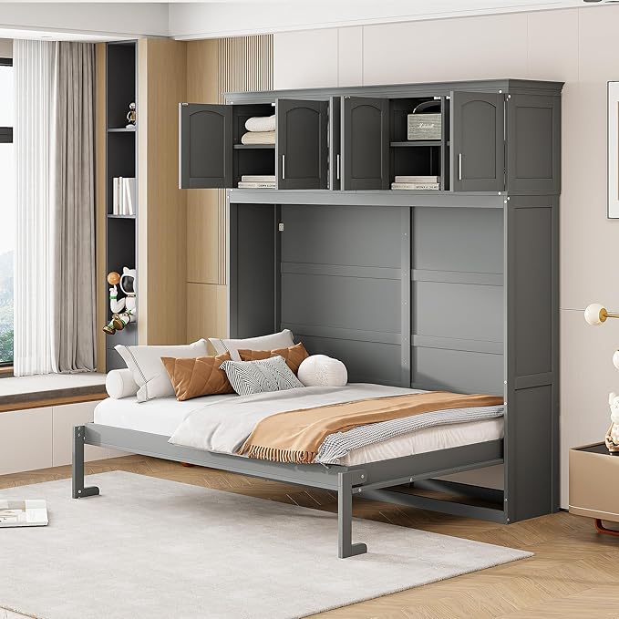 Merax Modern Murphy Cabinet Bed with Top Cabinets, Solid Wood Wall Platform Bed/No Box Spring Needed/Easy Assemble Full,Gray - LeafyLoom