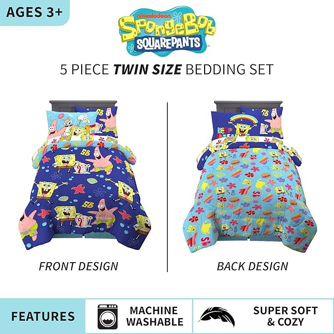 Franco Kids Bedding Super Soft Comforter and Sheet Set with Sham, 5 Piece Twin Size, Spongebob Squarepants - LeafyLoom