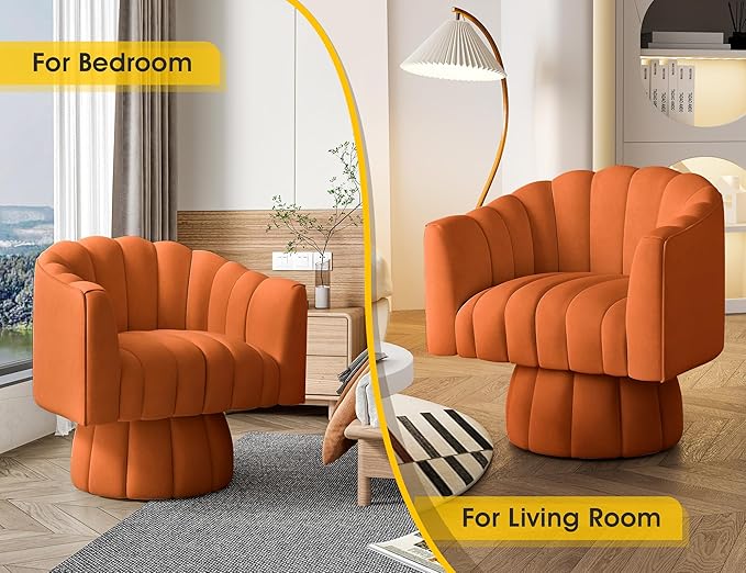 Accent Chair Mid Century 360 Degree Swivel Chair,Modern Lounge Sofa Round Barrel Chair with Wide Upholstered,Fluffy Velvet Fabric Chairs for Home Sofa Living Room/Bedroom/Waiting Room (Orange) - LeafyLoom