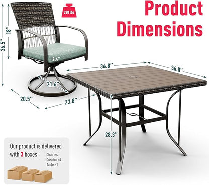 Pamapic 5 Piece Patio Dining Set for 4,Outdoor Wicker Furniture Set for Backyard Garden Deck Poolside with 4 Cushions Swivel Rocker Chairs,Square Plastic-Wood Table Top, Removable Cushions(Green) - LeafyLoom