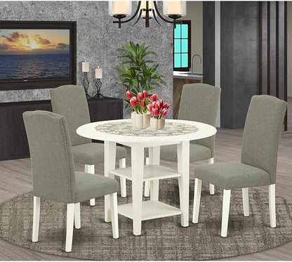 East West Furniture SUEN5-LWH-06 5 Piece Kitchen Table Set for 4 Includes a Round Dining Table with Dropleaf & Shelves and 4 Dark Shitake Linen Fabric Parsons Chairs, 42x42 Inch, Linen White - LeafyLoom