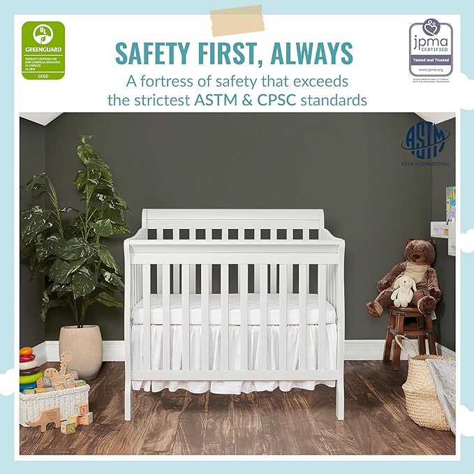 Aden 4-in-1 Convertible Mini Crib In White, Greenguard Gold Certified, Non-Toxic Finish, New Zealand Pinewood, With 3 Mattress Height Settings - LeafyLoom