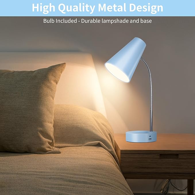 RUNTOP Metal Desk Lamp, Eye-Caring Table Lamp, Study Lamps with Flexible Goose Neck for Bedroom and Office, Desk lamp with USB, 5 Color Temperatures, 5 Brightness Levels (Blue) - LeafyLoom