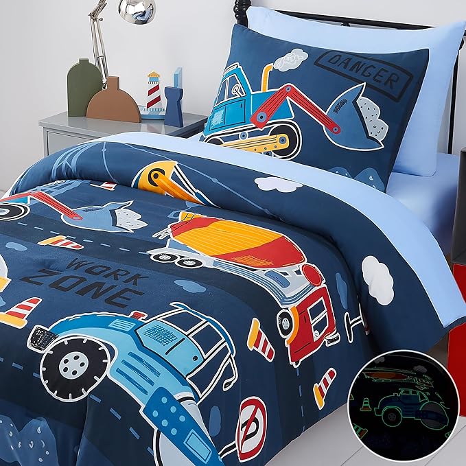 Truck Tractor Excavator Twin Comforter Set with Sheets - 5 Pieces Kids Twin Bedding Sets for Boys, Glow in The Dark Construction Trucks Twin Bed in a Bag for Kids, Teens - LeafyLoom