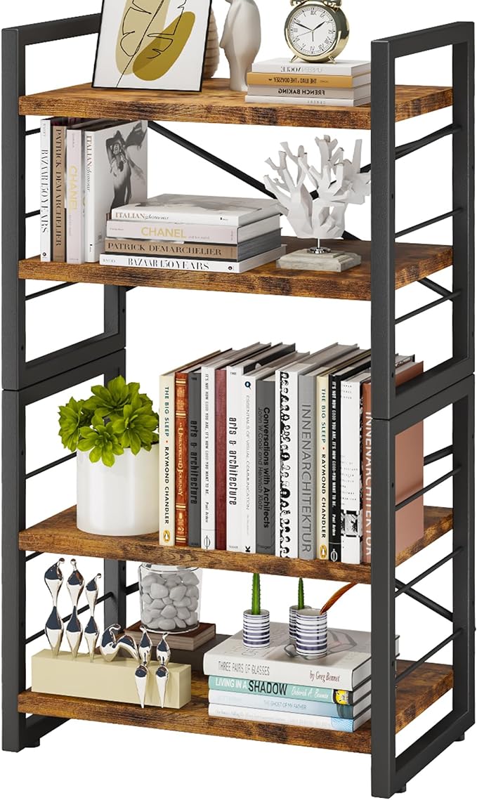 Bookshelf, 4 Tier Stackable Bookcase, Adjustable Industrial Book Shelf Storage Organizer for Desktop, Living Room, Bedroom, Office(Rustic Black and Brown) - LeafyLoom