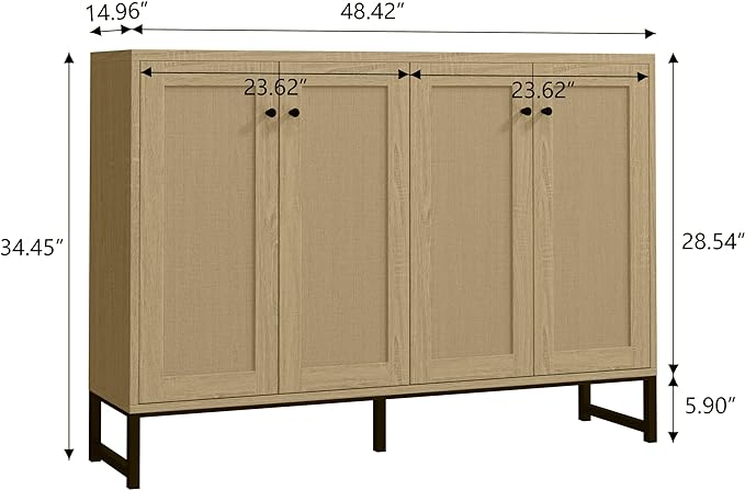 Panana Sideboard Accent Storage Cabinet with Rattan Decorated 4 Doors Dining Room Freestanding Kitchen Buffet Table Cupboard (Natural) - LeafyLoom