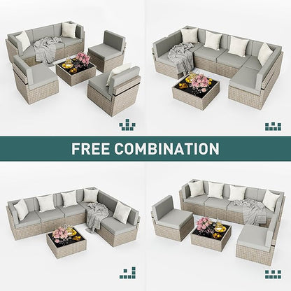 Pamapic Patio Furniture Set, 7 Pieces Modular Outdoor Sectional,Wicker Patio Sectional Sofa Conversation Set, Rattan Sofa with Coffee Table and Washable Cushions Covers, Grey Rattan(Grey Cushions) - LeafyLoom