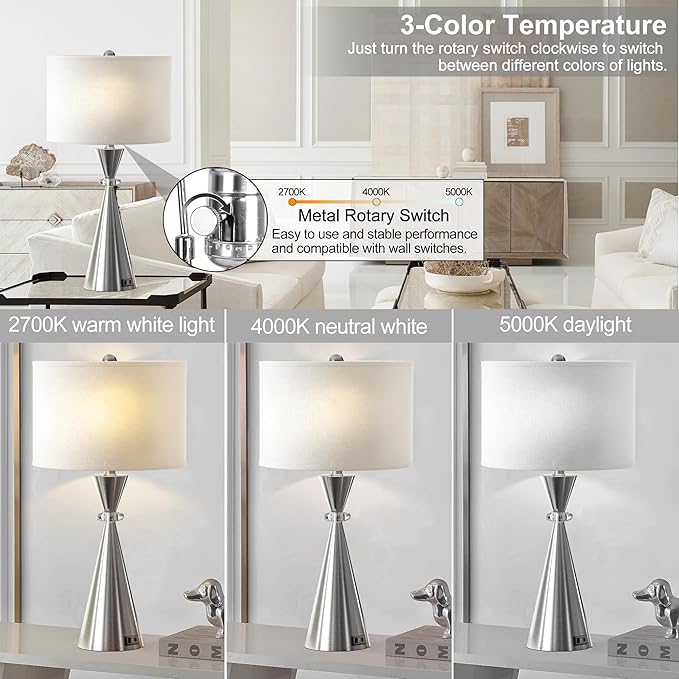 Table Lamps Set of 2, 3-Color Temperature Dimmable Modern Metal Bedside Lamps with 2 USB Ports, 26.5" Large Lamps Nightstand Lamp with White Fabric Shade for Living Room Bedrooms Decorations - LeafyLoom